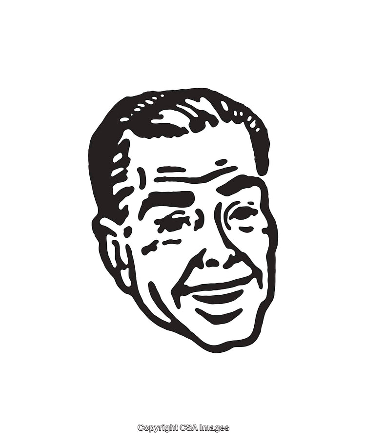 Retro Black and White Line Art Illustration of a Smiling Male Face