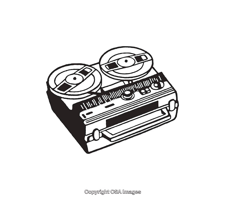 Black and White Line Art of a Vintage Audio Tape Recorder