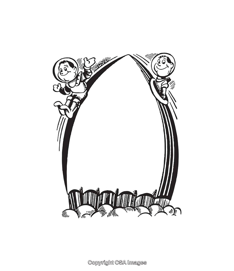 Playful Astronauts with Rainbow in Black and White Line Art Illustration