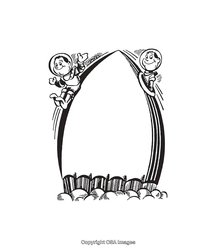 Playful Astronauts with Rainbow in Black and White Line Art Illustration
