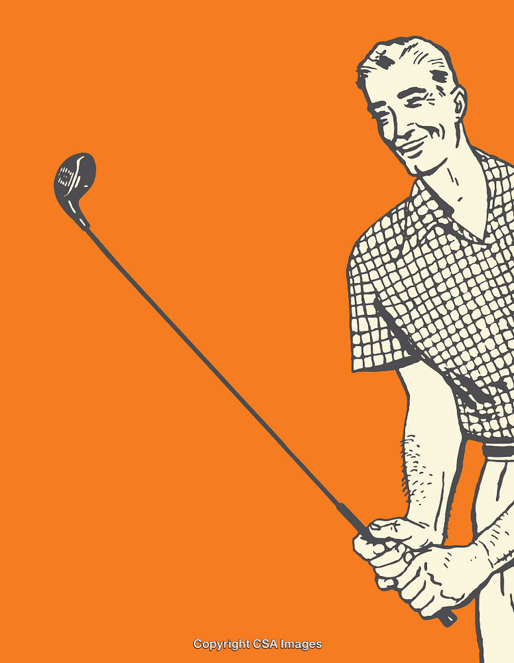 Vintage Illustration of a Man Playing Golf in Orange Background