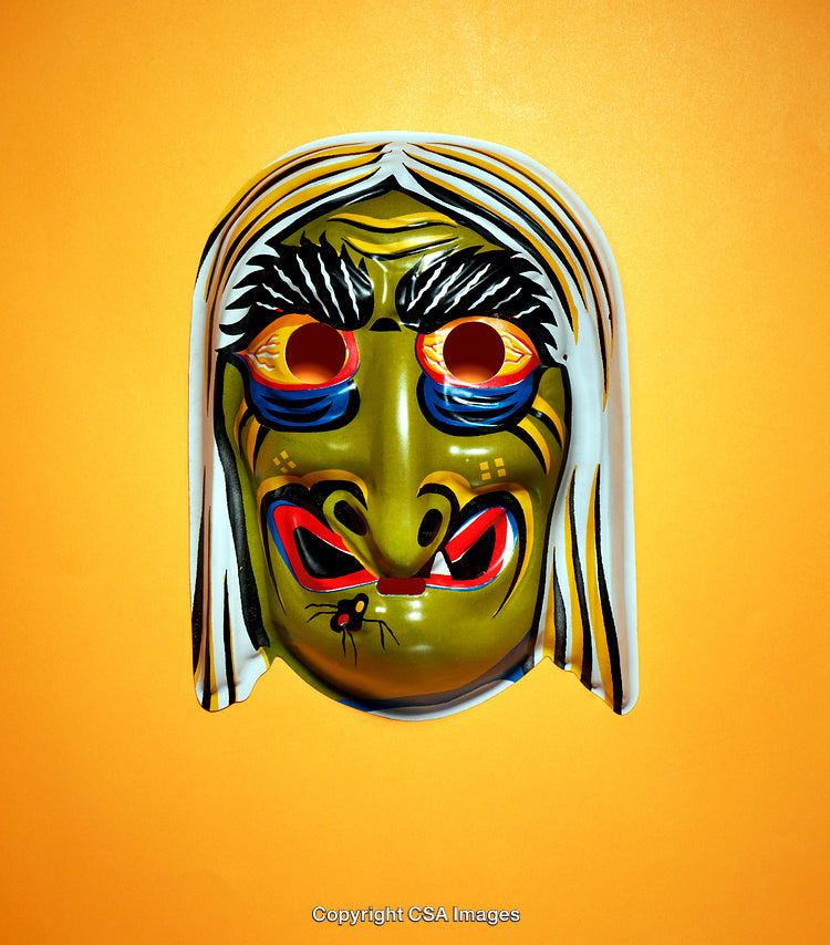 Vibrant Witch Mask Amid Bright Orange Backdrop for Festive Themes