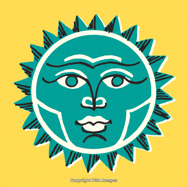 Artistic Sun Illustration with Bold Lines and Contrasting Colors on Yellow Background