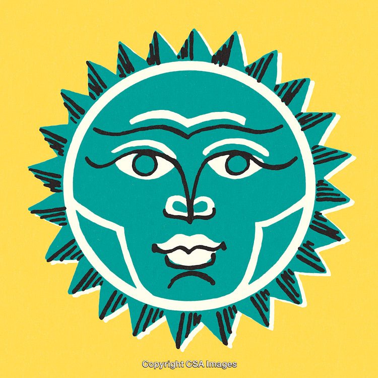 Artistic Sun Illustration with Bold Lines and Contrasting Colors on Yellow Background
