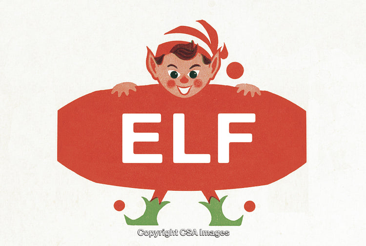 Vintage Illustration of a Happy Festive Elf Holding a Decorative Sign