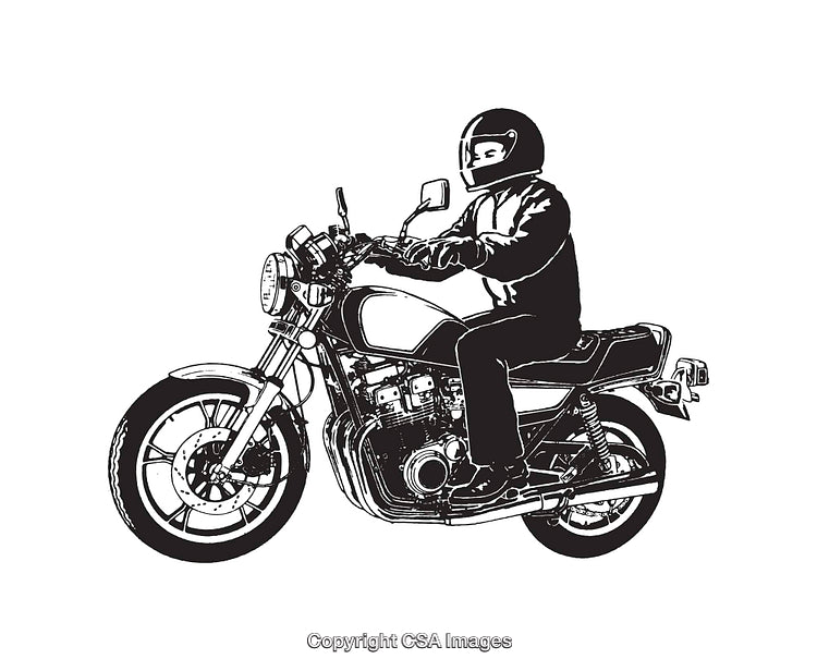 Black and White Illustration of a Motorcyclist Riding a Classic Motorcycle