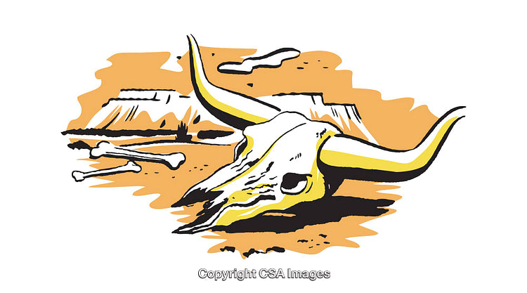 Illustration of Bull Skull in a Colorful Desert Landscape Setting