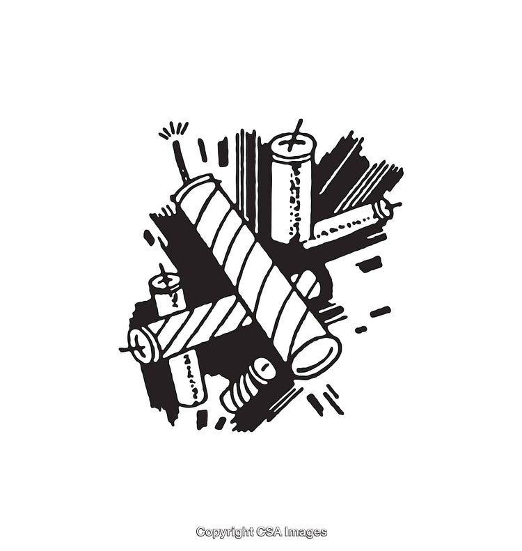 Black and White Line Art Illustration of Fireworks and Sparklers