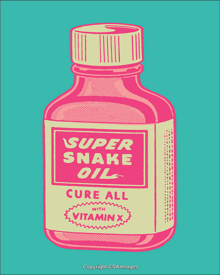Colorful Line Art Illustration of a Bottle Labeled Super Snake Oil