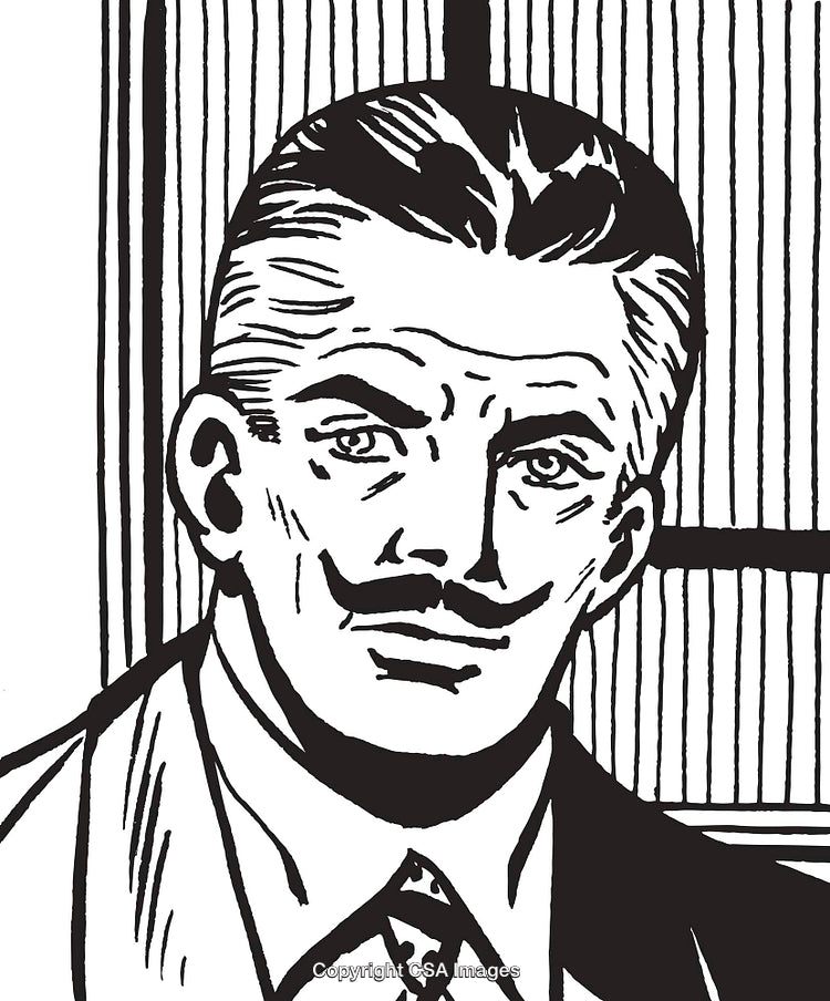 Vintage Black and White Illustration of a Man with Mustache in Formal Attire