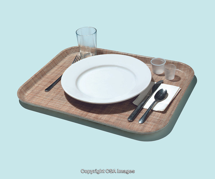 Minimalist Dining Tray with Cutlery and Dish on Blue Background