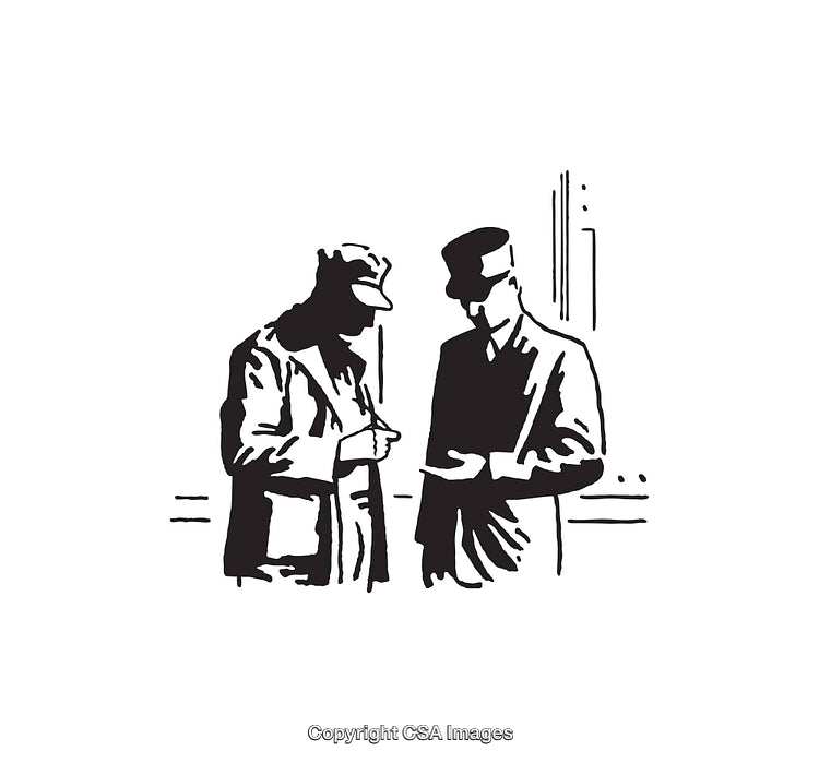 Black and White Illustration of Two Individuals Engaged in a Conversation