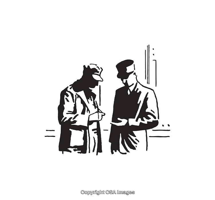 Black and White Illustration of Two Individuals Engaged in a Conversation