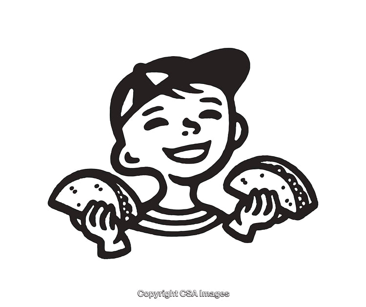 Happy Child Holding Tacos in Black and White Line Drawing Style