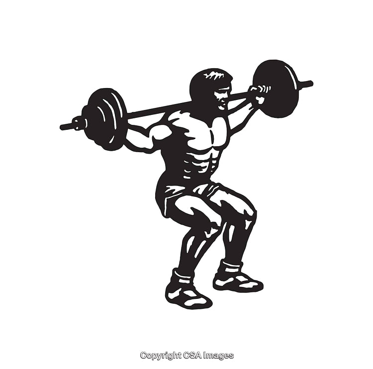Black and White Line Art of Weightlifter Squatting with Barbell