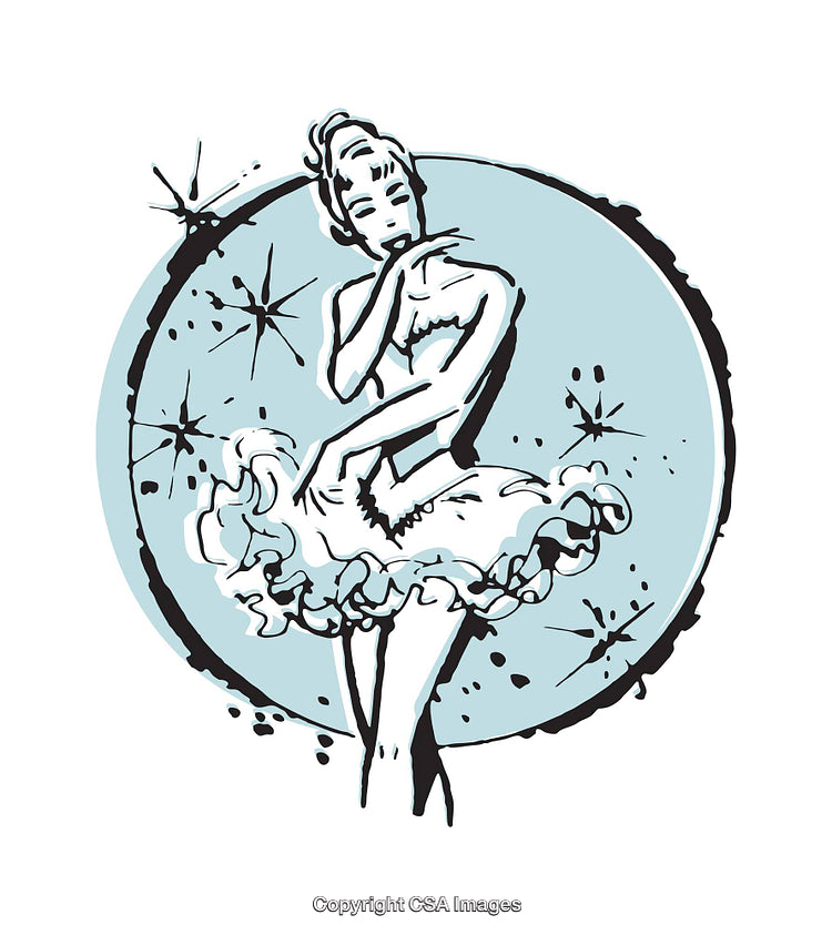 Vintage Styled Illustration of Dancer in Elegant Pose Against Blue Background