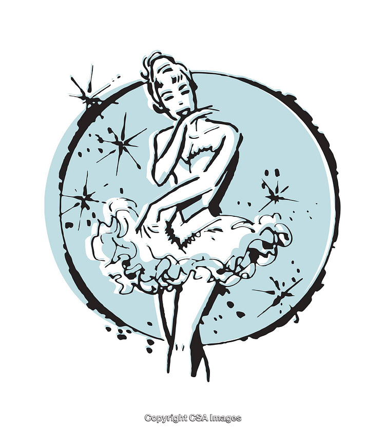 Vintage Styled Illustration of Dancer in Elegant Pose Against Blue Background
