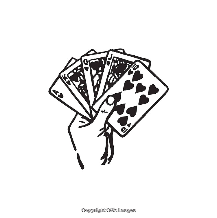 Hand Holding Playing Cards in Black and White Line Art Illustration