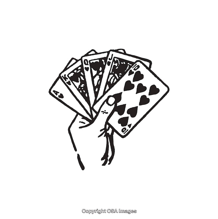 Hand Holding Playing Cards in Black and White Line Art Illustration