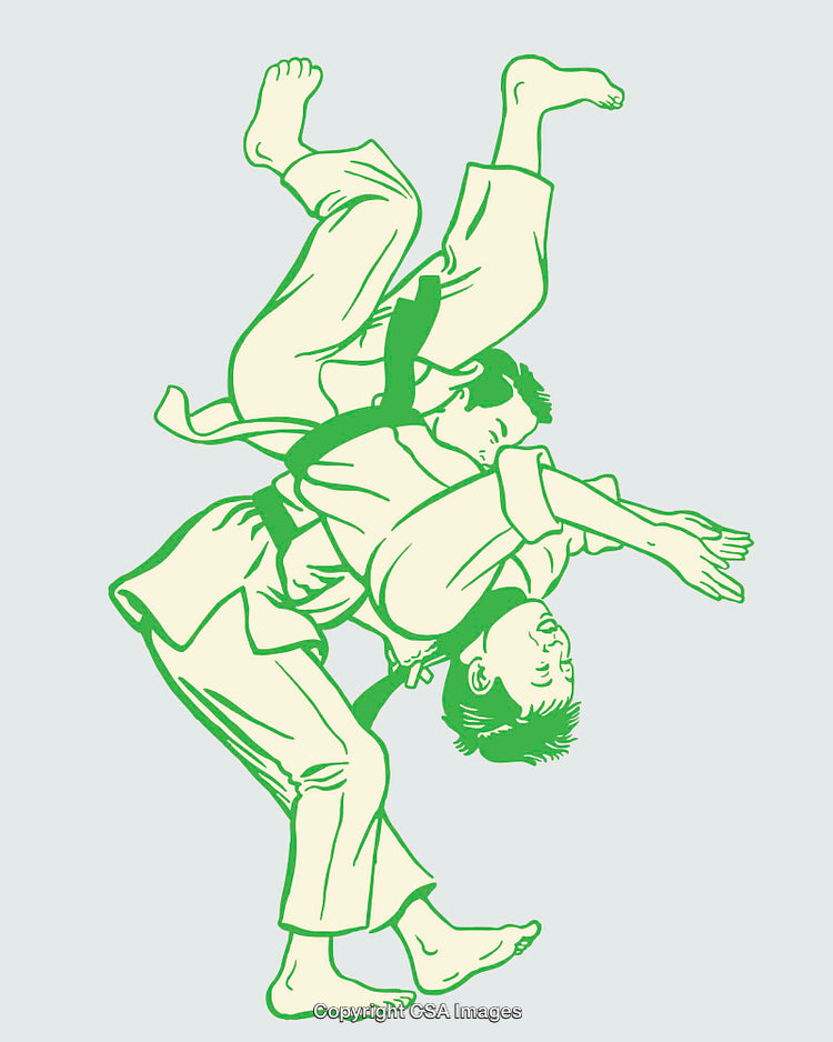Dynamic Martial Artist Performing a Judo Throw Technique in Green Illustration
