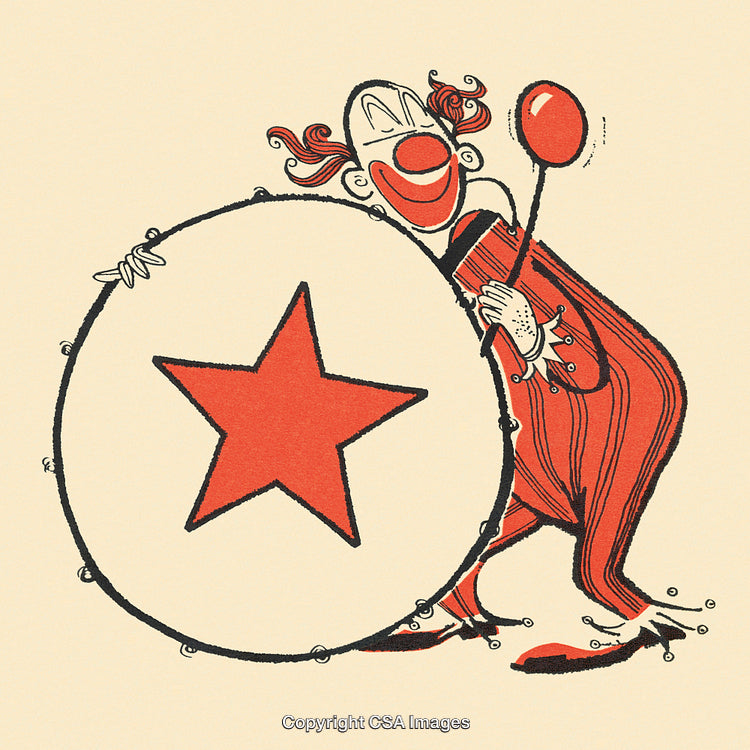 Illustration of a Clown Holding a Drum with a Red Star