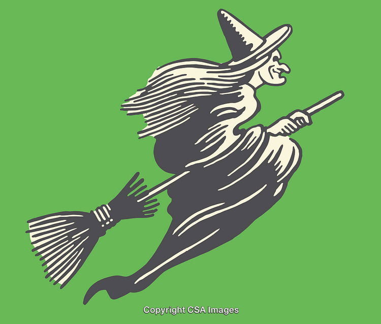 Illustration of a Witch Flying on a Broomstick Against Green Background