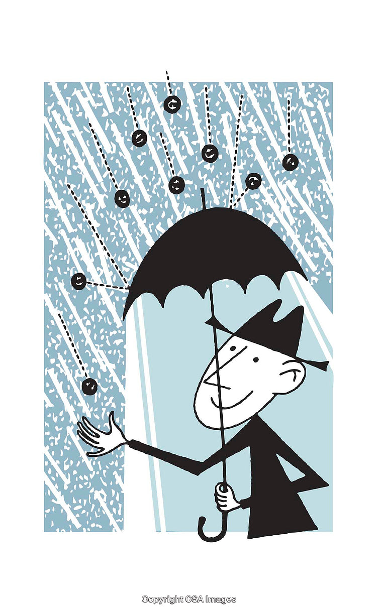 Illustrative Art of Man Shielded by Umbrella Under Artistic Symbolic Rain
