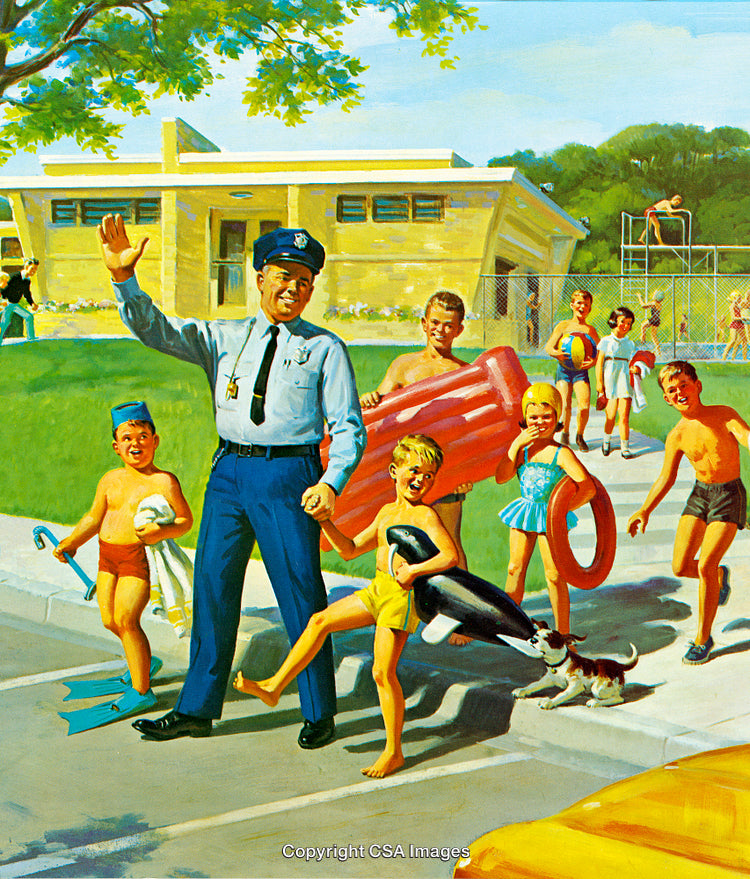 Friendly Police Officer Helping Children at Poolside on a Sunny Day