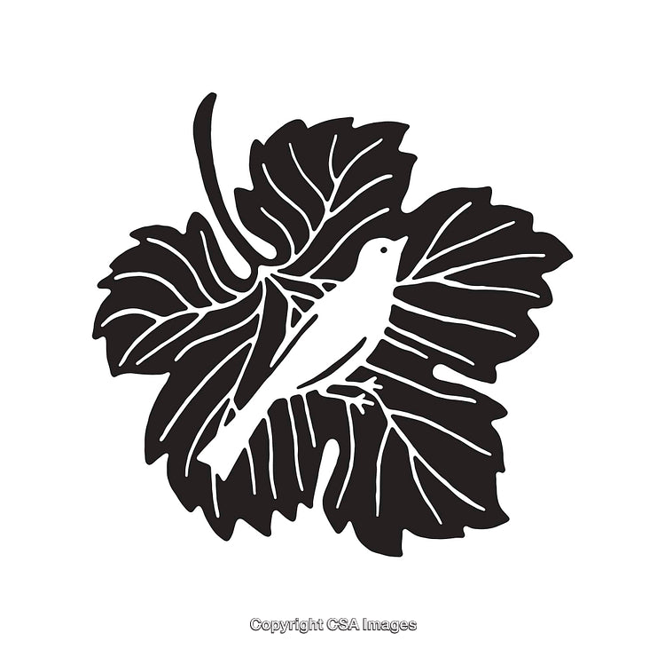 Black and White Line Art Illustration of Bird on Leaf Design