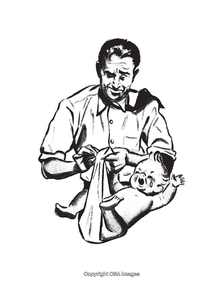 Vintage Illustration of Father Changing Baby's Diaper in Black and White