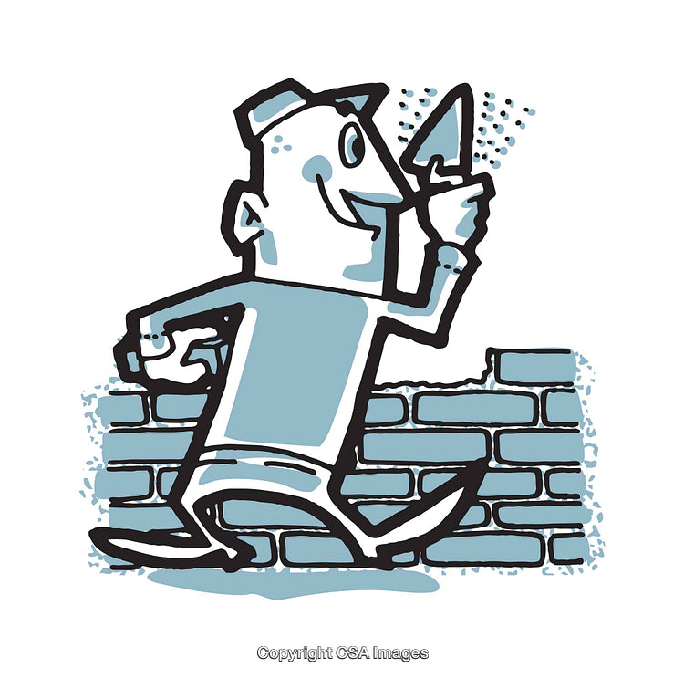 Lighthearted Illustration of a Mason Building a Brick Wall