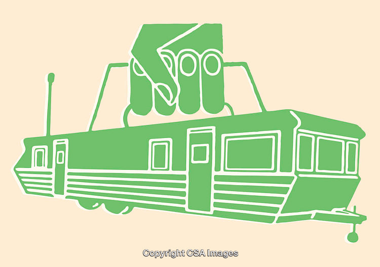 Simplistic Green Line Art Illustration of a Mobile Home and Hand