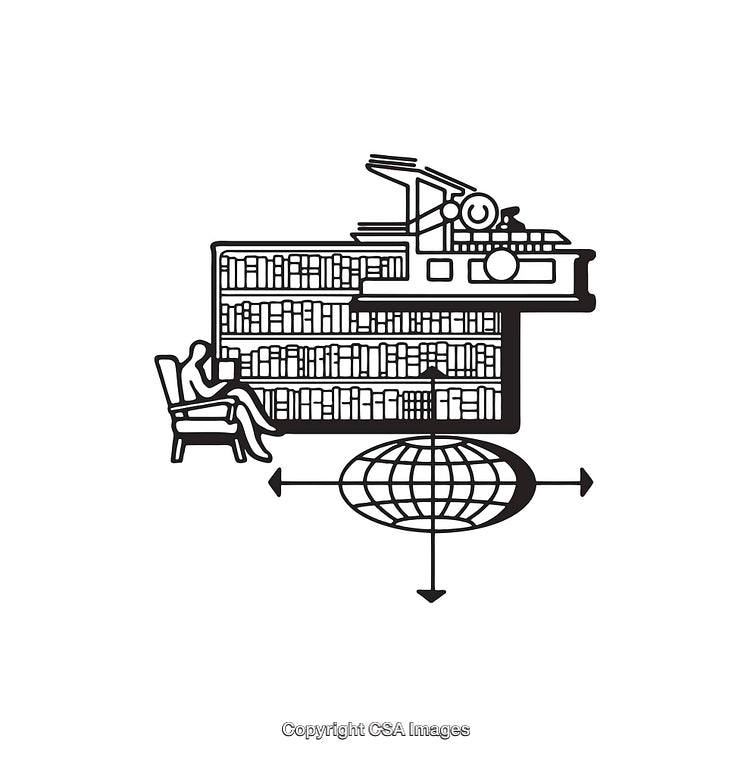Black and White Icon Representing Knowledge With Books and Symbols Depicted