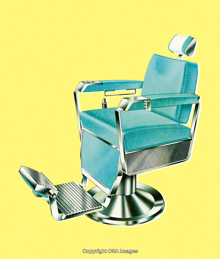 Blue Barber Chair with Retro Design on Yellow Background