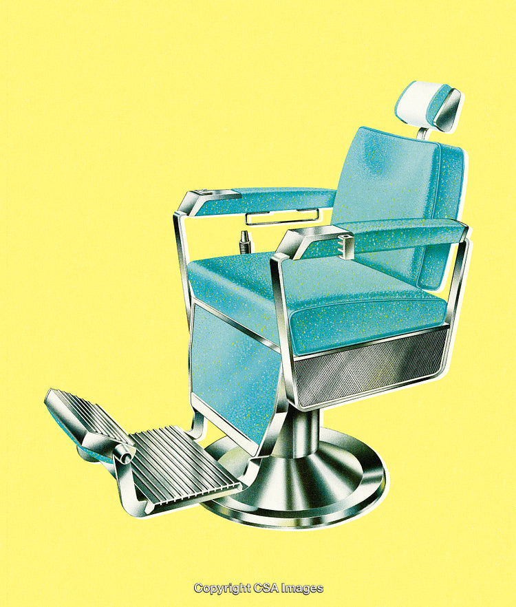 Blue Barber Chair with Retro Design on Yellow Background