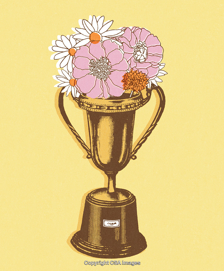 Golden Trophy Holding Colorful Arrangement of Daisy and Carnation Flowers