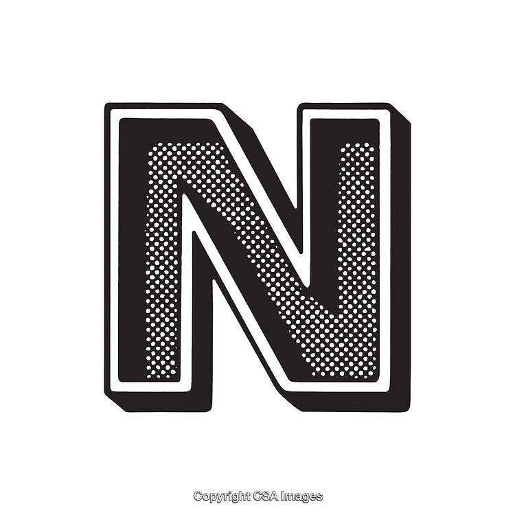 Stylized Letter N with Halftone Textured Design and Bold Outline