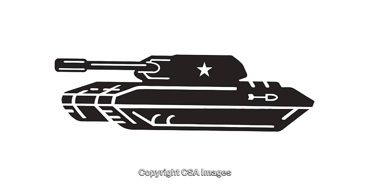 Black and White Line Art Illustration of a Military Tank