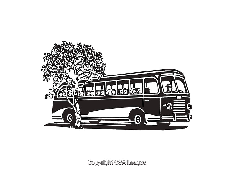 Retro Bus Illustration with Passengers and Tree in Line Art