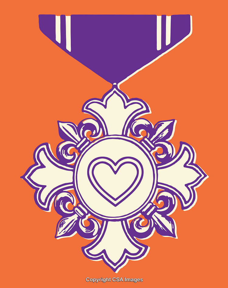 Ornate Heart Medal in Vibrant Purple and Orange Colors