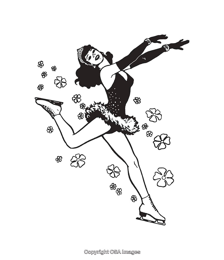 Figure Skater in Elegant Pose Surrounded by Floral Elements Line Art