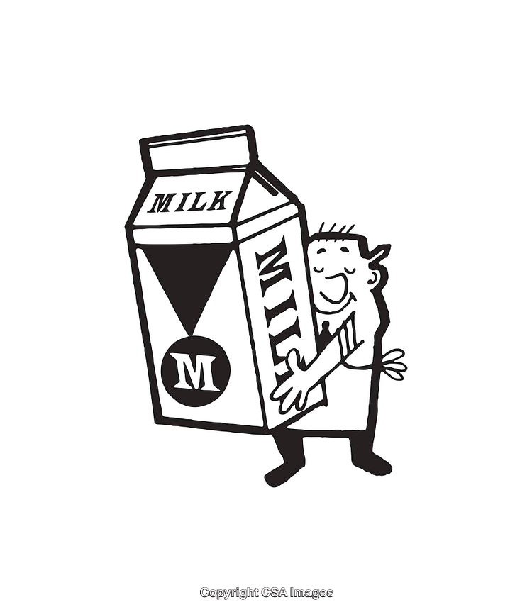 Whimsical Black and White Illustration Featuring a Cartoon Character Hugging a Milk Carton