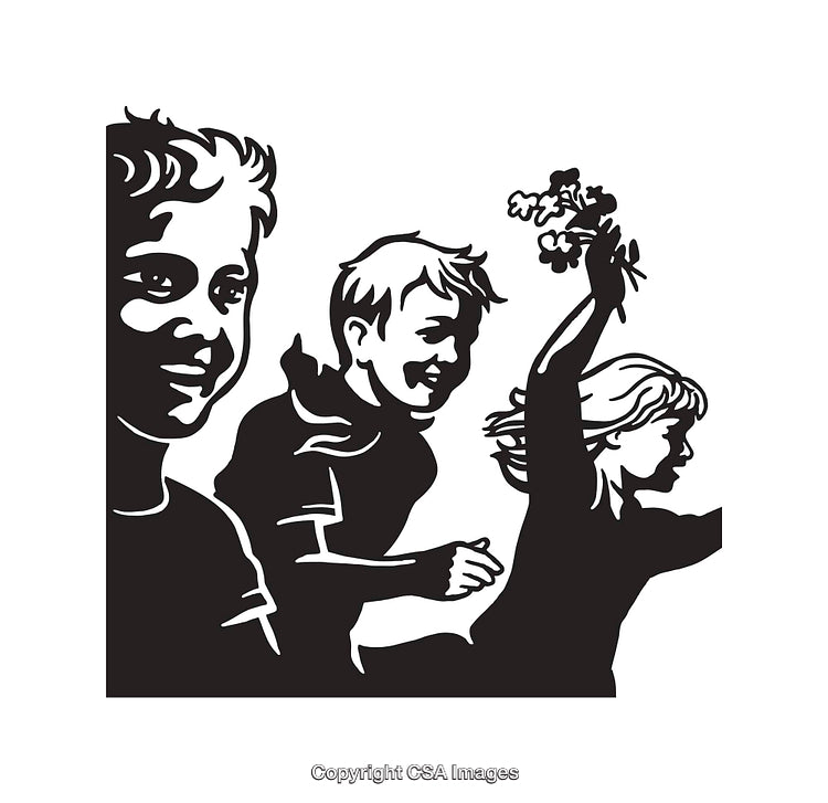 Black and White Line Art of Happy Children Playing Together Outdoors