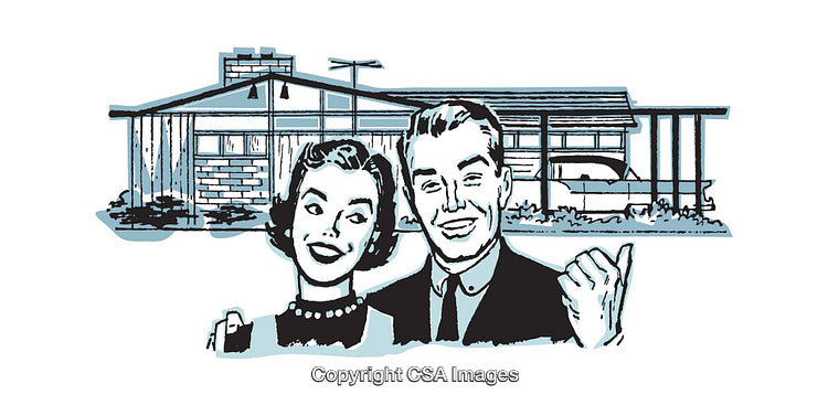 Retro Illustration of a Happy Couple with Mid-Century Modern Home