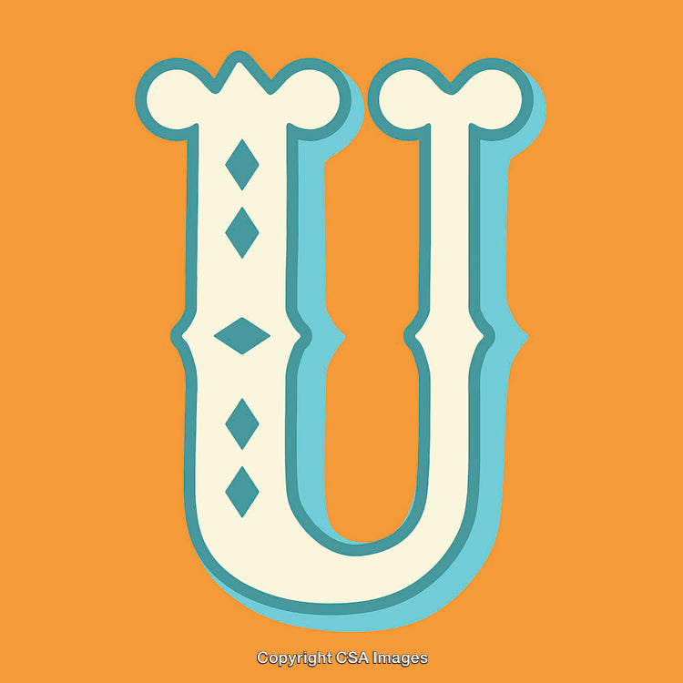 Bold Decorative Letter U with Retro Stylization on Orange Background