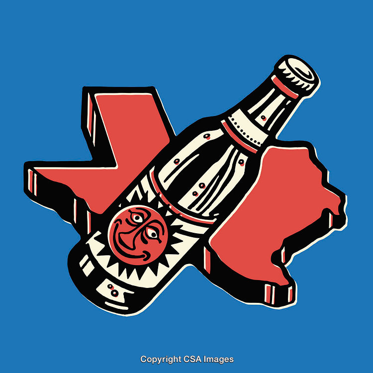 Colorful Texas Themed Illustration Featuring a Beverage Bottle with Artistic Details