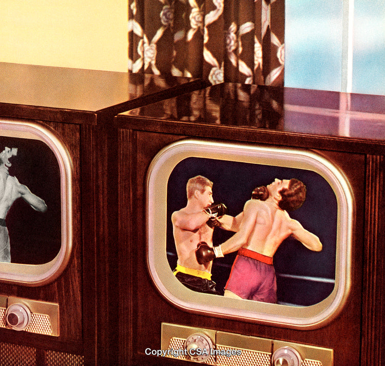 Vintage Television Featuring a Boxing Match in a Classic Home Setting
