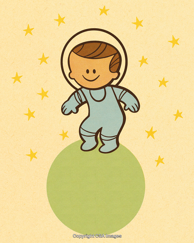 Adorable Cartoon Child Astronaut Floating in Outer Space