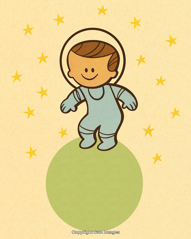 Adorable Cartoon Child Astronaut Floating in Outer Space