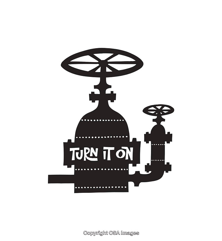Black and White Line Art of Industrial Valve With Text 'Turn It On'